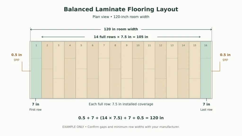 Laminate layout with balanced seven-inch edge rows across a 120-inch room.