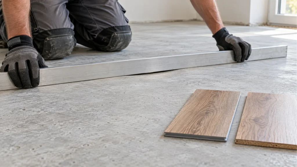 Installer checking subfloor flatness with a long straightedge beside LVP and laminate samples.