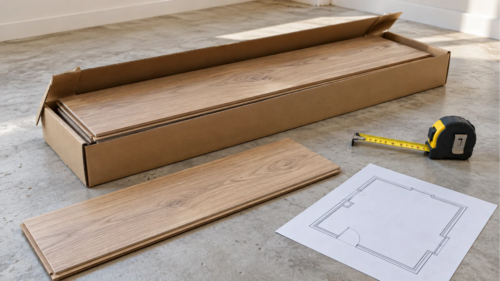 Open carton of laminate flooring beside a sample plank, tape measure, and room plan.