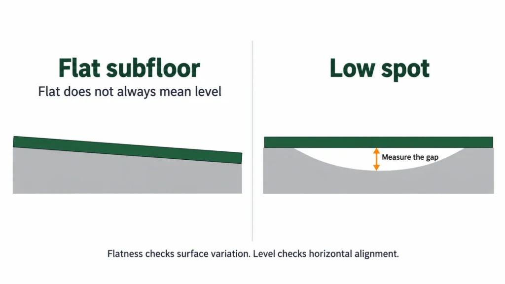 Straightedge comparison showing a flat subfloor and a measurable low spot.