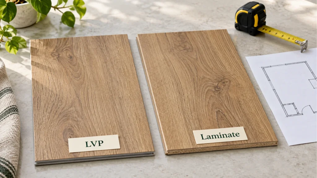 Oak-look LVP and laminate flooring samples beside a measuring tape and room sketch.