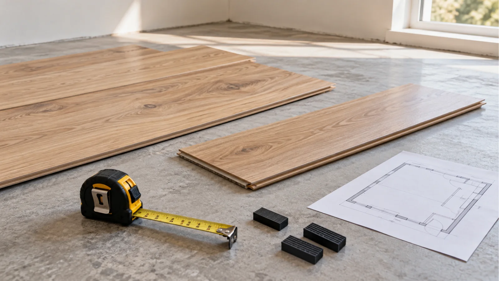 Oak-look laminate planks, a tape measure, spacers, and a room plan on a concrete subfloor.