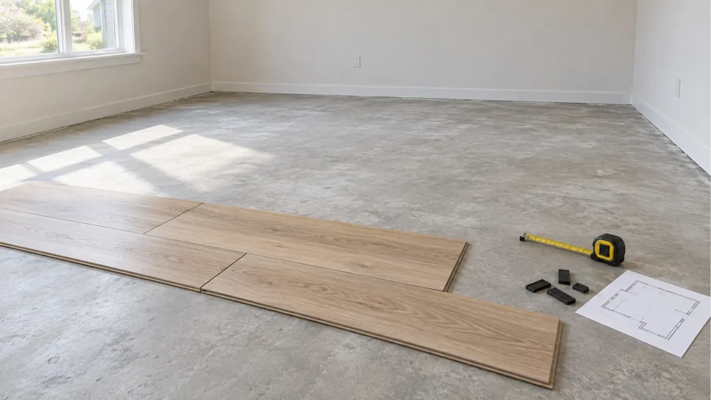 Laminate flooring planks, a tape measure, spacers, and a room plan on a prepared concrete subfloor.
