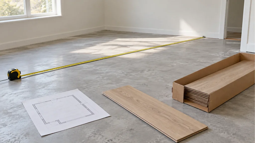 Extended tape measure, a room plan, and an open flooring carton beside a laminate sample in an empty room.