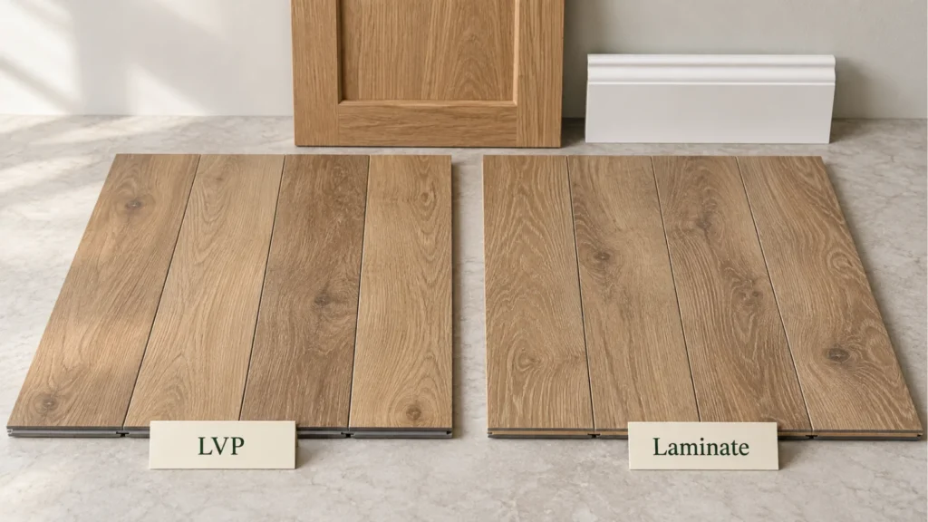 LVP and laminate plank samples compared beside an oak cabinet door and white trim.