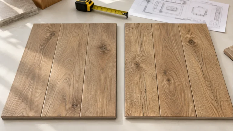 Oak-look LVP and laminate plank samples on a worktable beside a measuring tape and room plan.